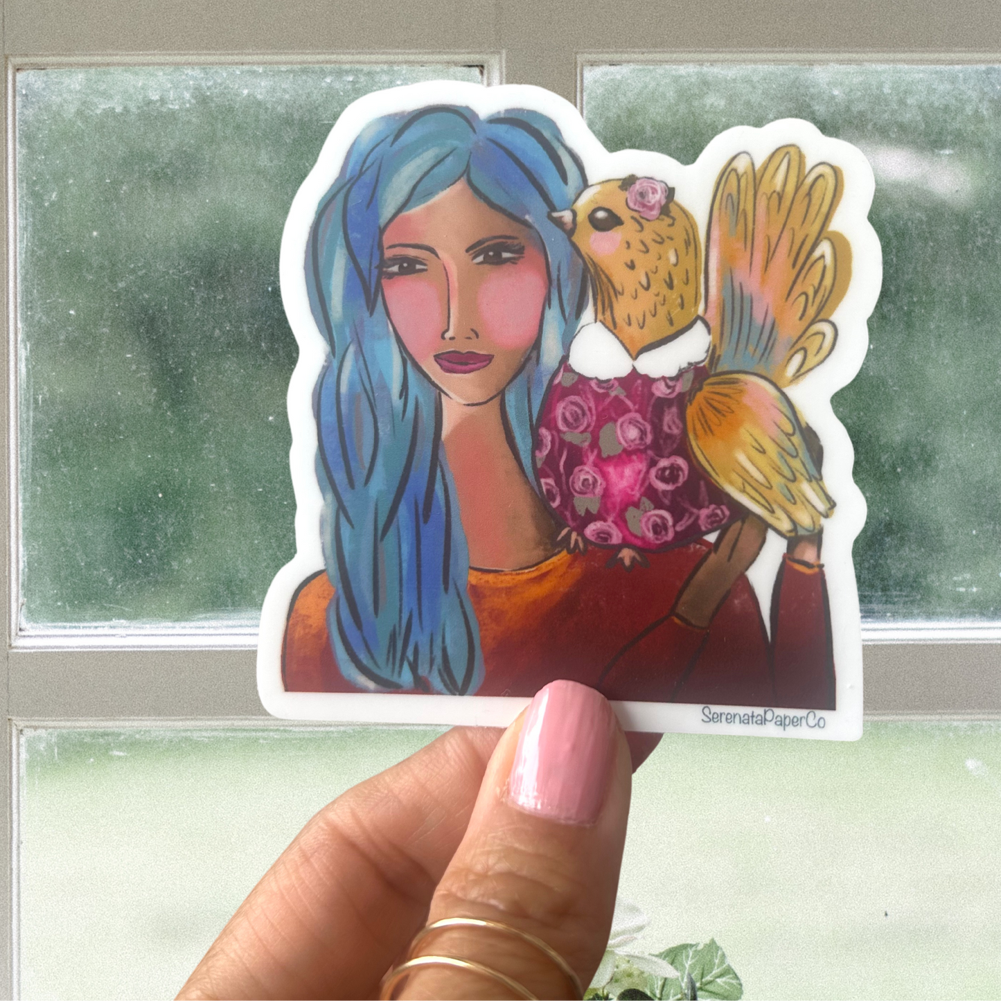 A girl and her Chicken Waterproof Sticker. 2.9" x 3"