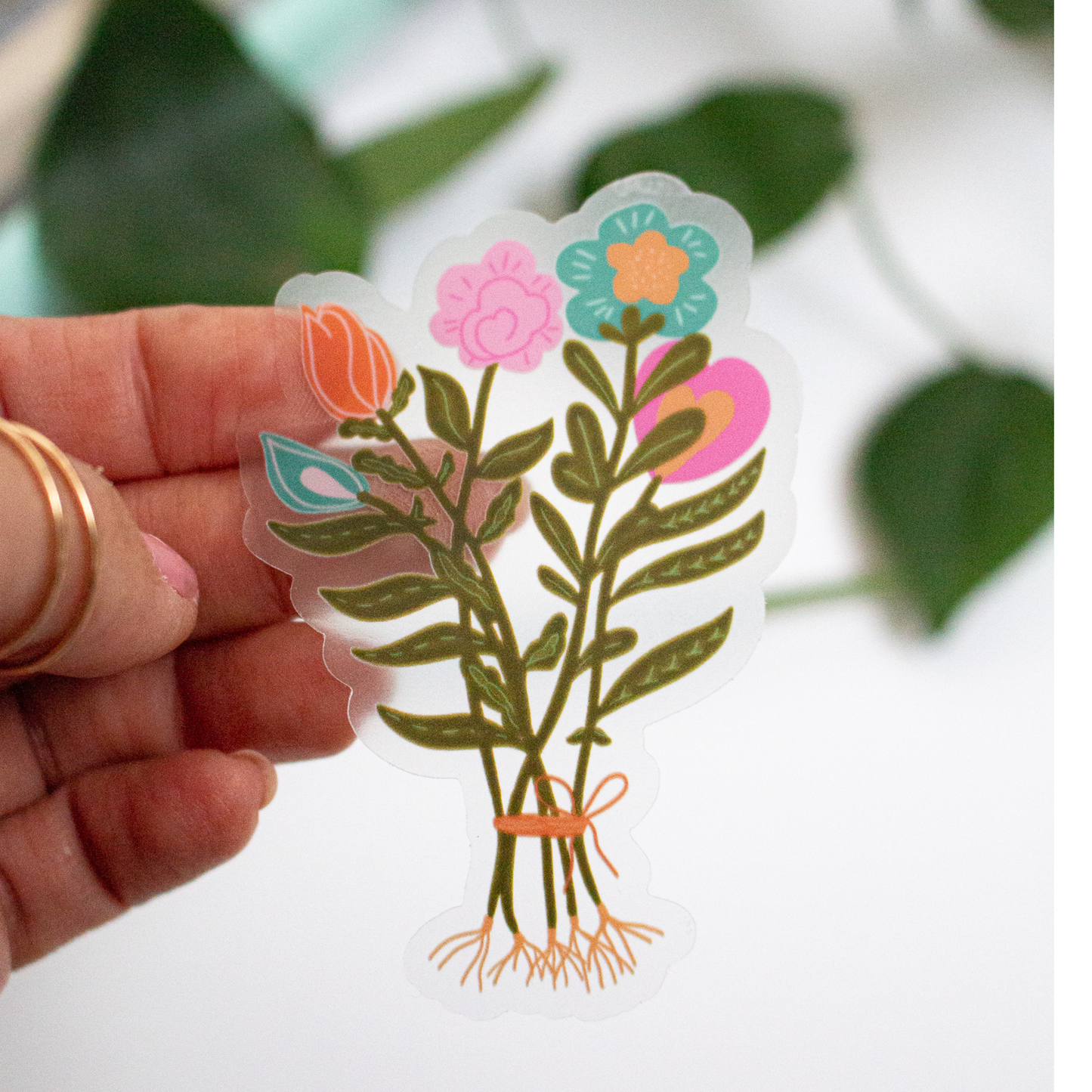 Flower Bouquet  Clear Vinyl Water Bottle Sticker 2"x 3"
